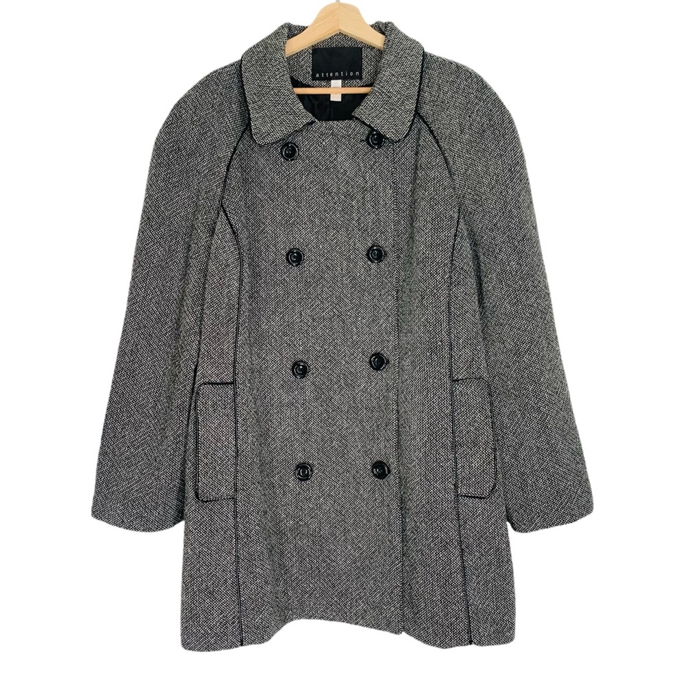 Attention Winter Coat Black White Double-Breasted Pea Coat Faux Leather Trim 2X